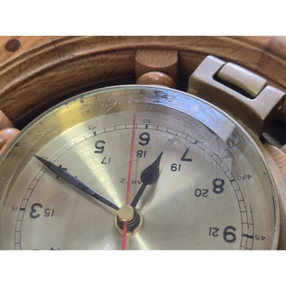 Vintage Brass & Wood Clock Ship's Time Walnut Wheel 18